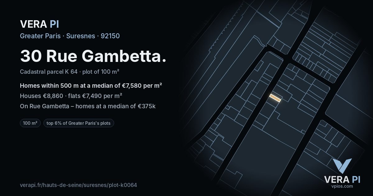30 Rue Gambetta, Suresnes at night – the plot lit, the parcels around coloured by the prices near them
