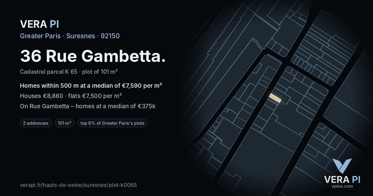 36 Rue Gambetta, Suresnes at night – the plot lit, the parcels around coloured by the prices near them