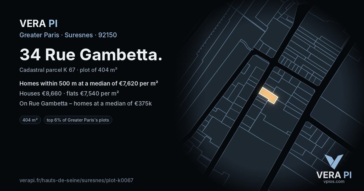 34 Rue Gambetta, Suresnes at night – the plot lit, the parcels around coloured by the prices near them