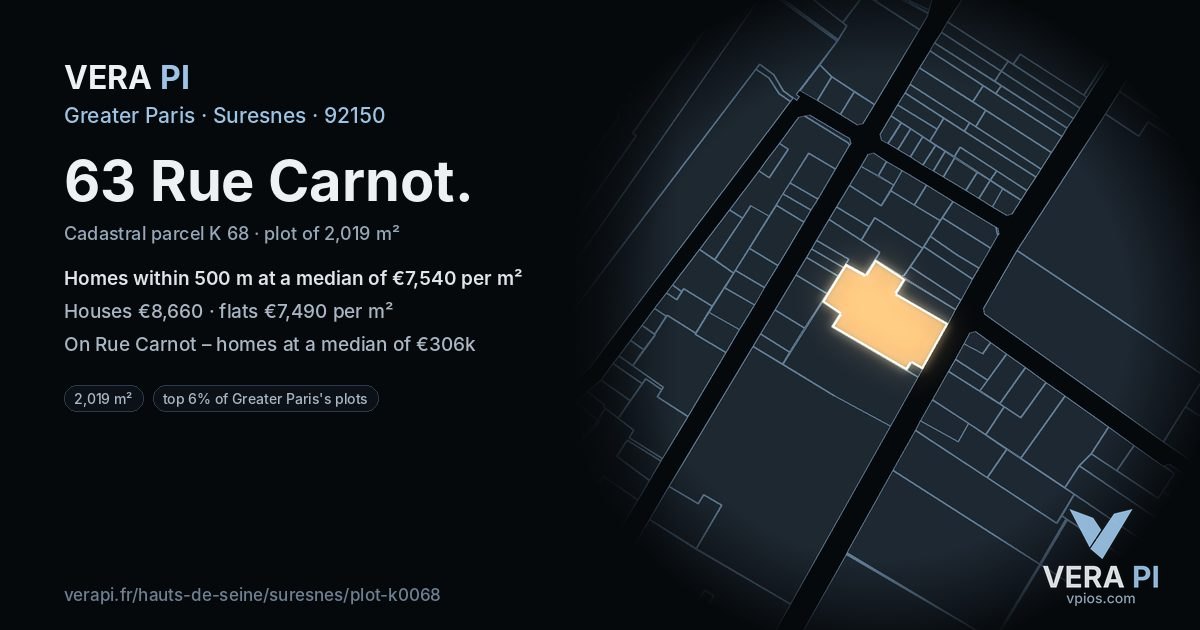 63 Rue Carnot, Suresnes at night – the plot lit, the parcels around coloured by the prices near them