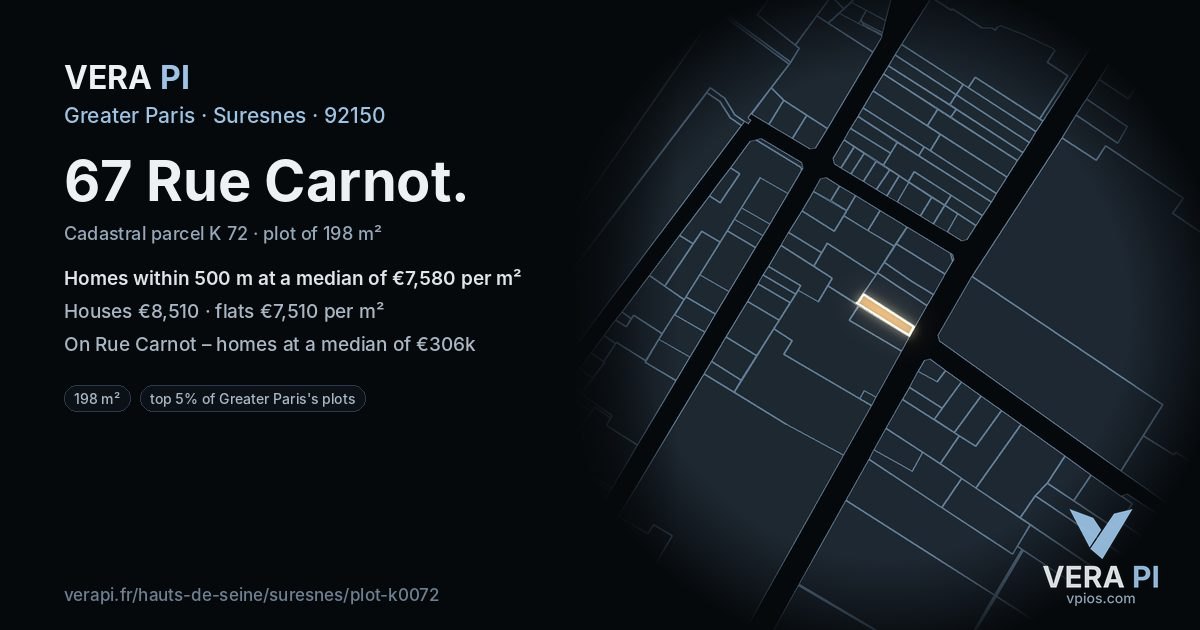 67 Rue Carnot, Suresnes at night – the plot lit, the parcels around coloured by the prices near them