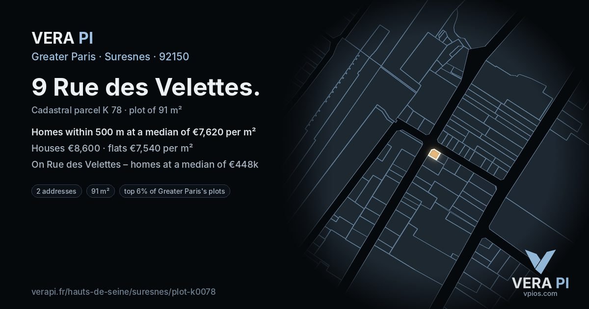 9 Rue des Velettes, Suresnes at night – the plot lit, the parcels around coloured by the prices near them