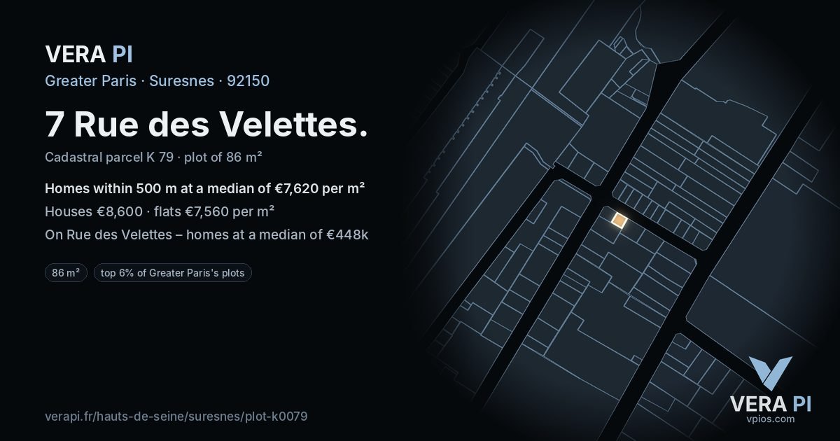 7 Rue des Velettes, Suresnes at night – the plot lit, the parcels around coloured by the prices near them
