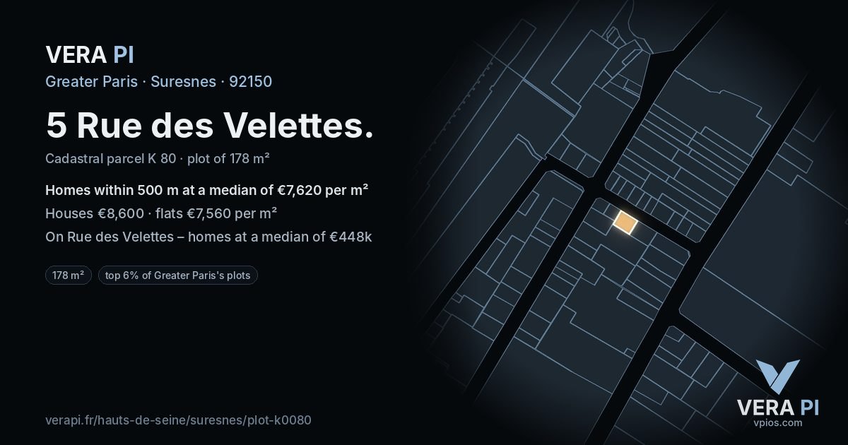5 Rue des Velettes, Suresnes at night – the plot lit, the parcels around coloured by the prices near them