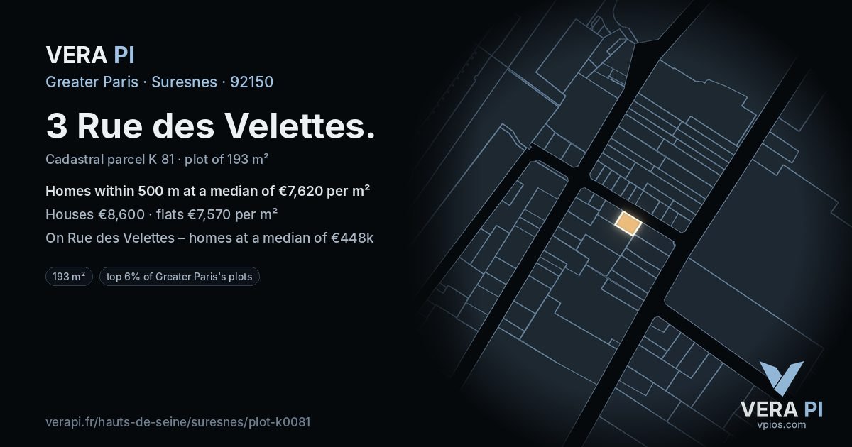 3 Rue des Velettes, Suresnes at night – the plot lit, the parcels around coloured by the prices near them