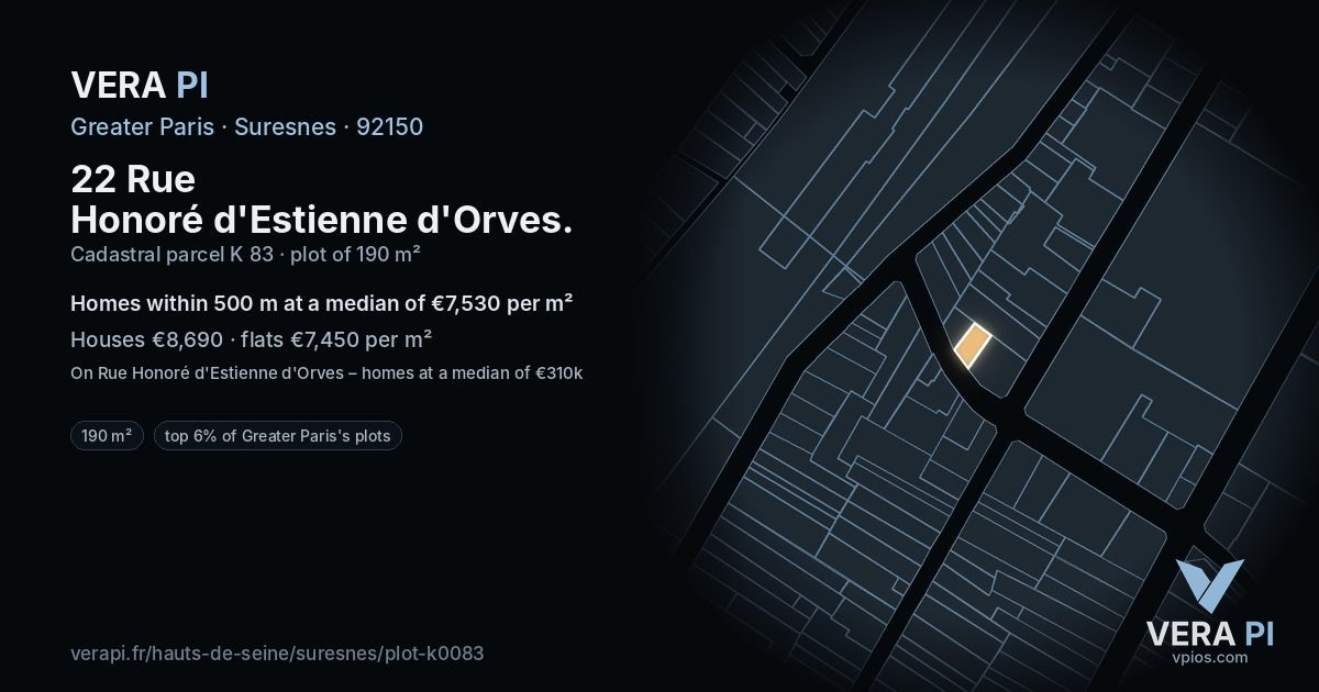 22 Rue Honoré d'Estienne d'Orves, Suresnes at night – the plot lit, the parcels around coloured by the prices near them
