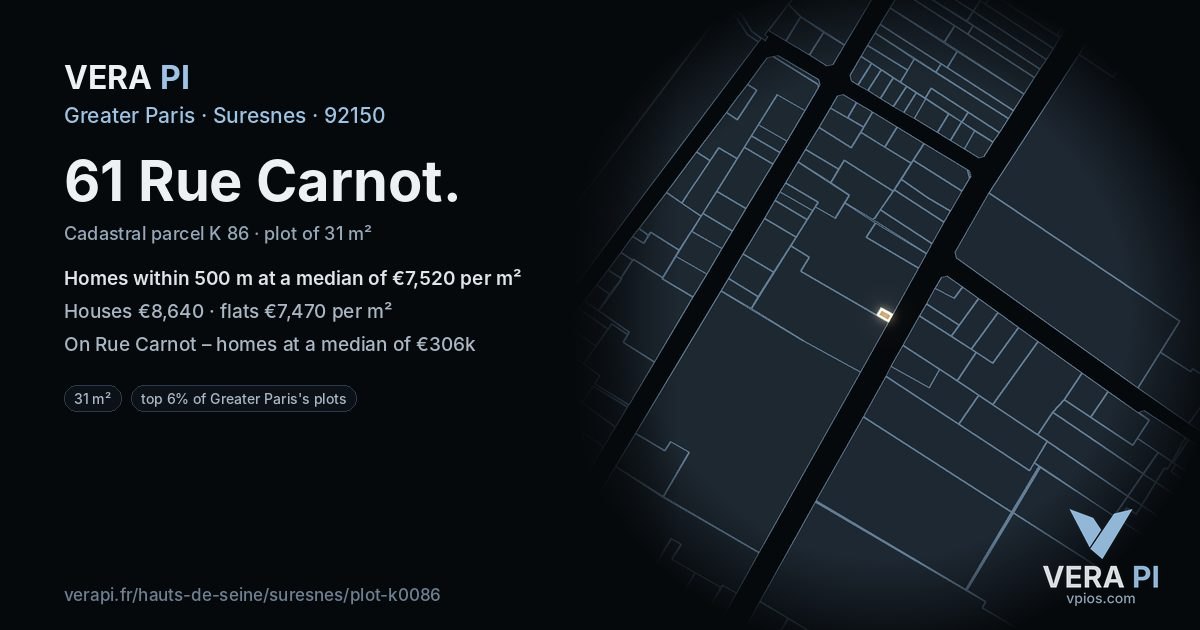 61 Rue Carnot, Suresnes at night – the plot lit, the parcels around coloured by the prices near them