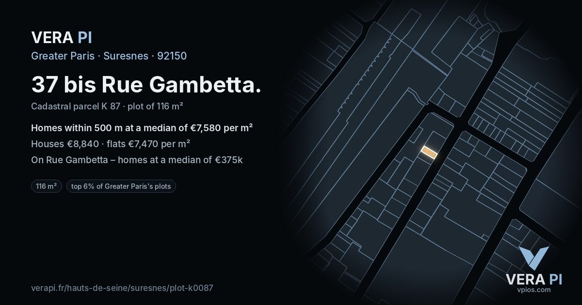 37 bis Rue Gambetta, Suresnes at night – the plot lit, the parcels around coloured by the prices near them