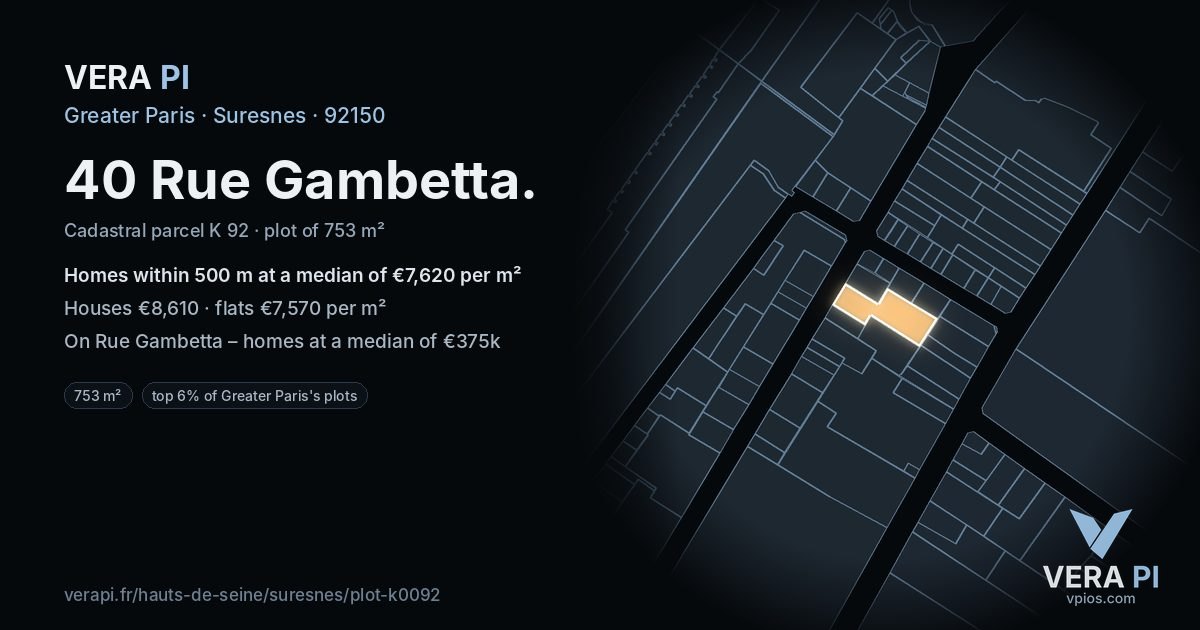40 Rue Gambetta, Suresnes at night – the plot lit, the parcels around coloured by the prices near them