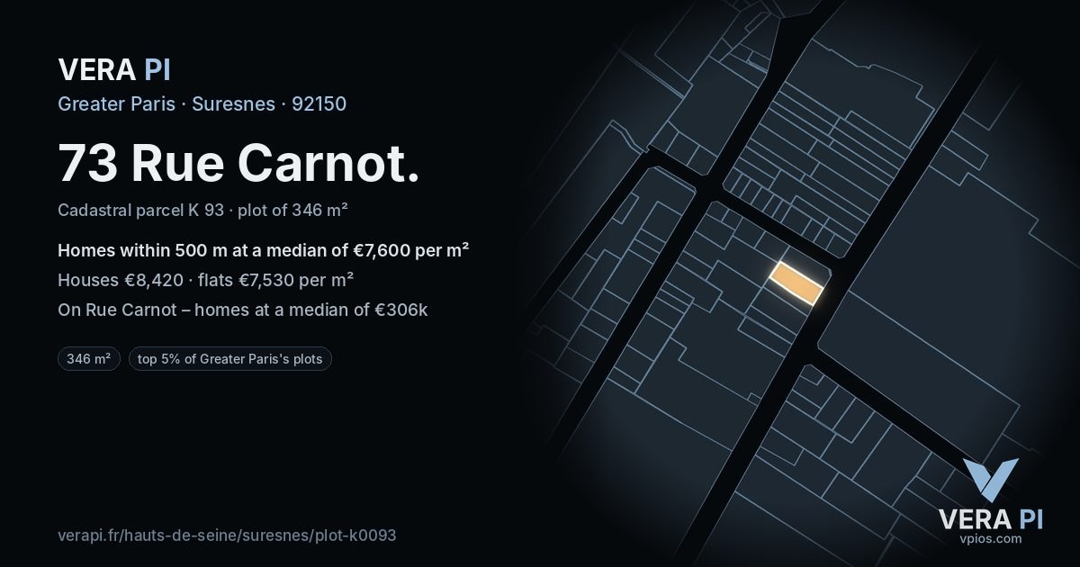 73 Rue Carnot, Suresnes at night – the plot lit, the parcels around coloured by the prices near them
