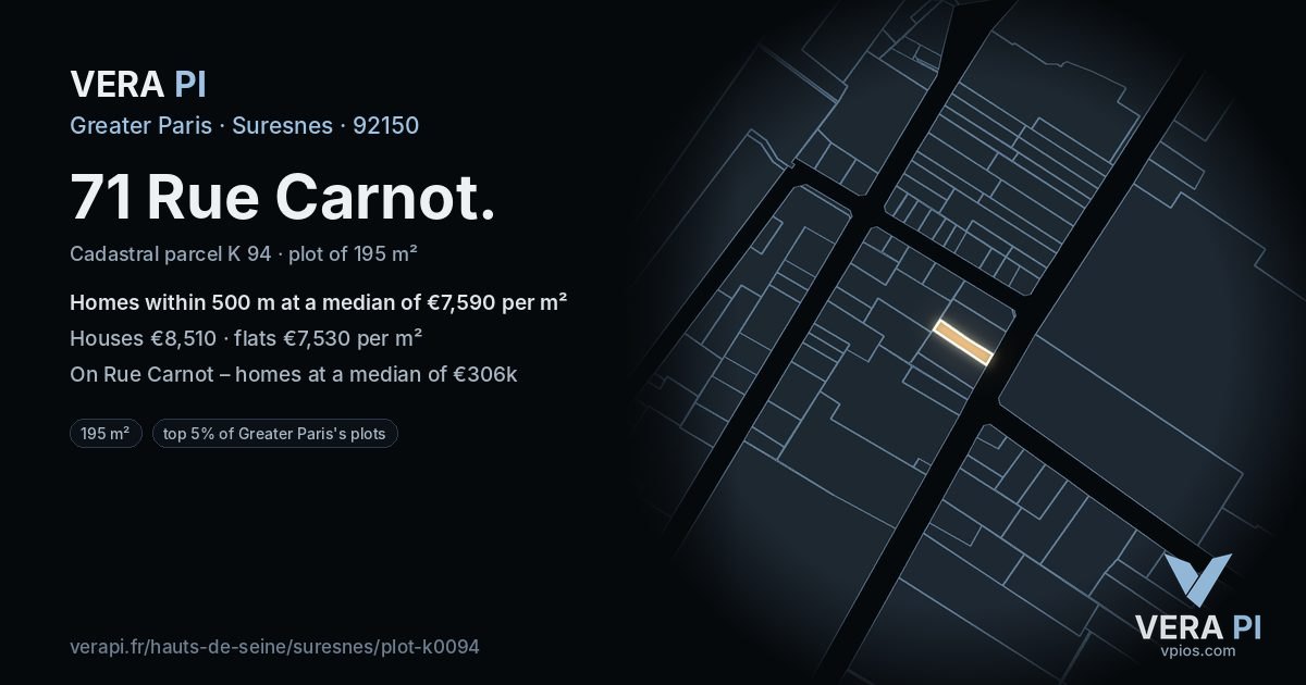 71 Rue Carnot, Suresnes at night – the plot lit, the parcels around coloured by the prices near them