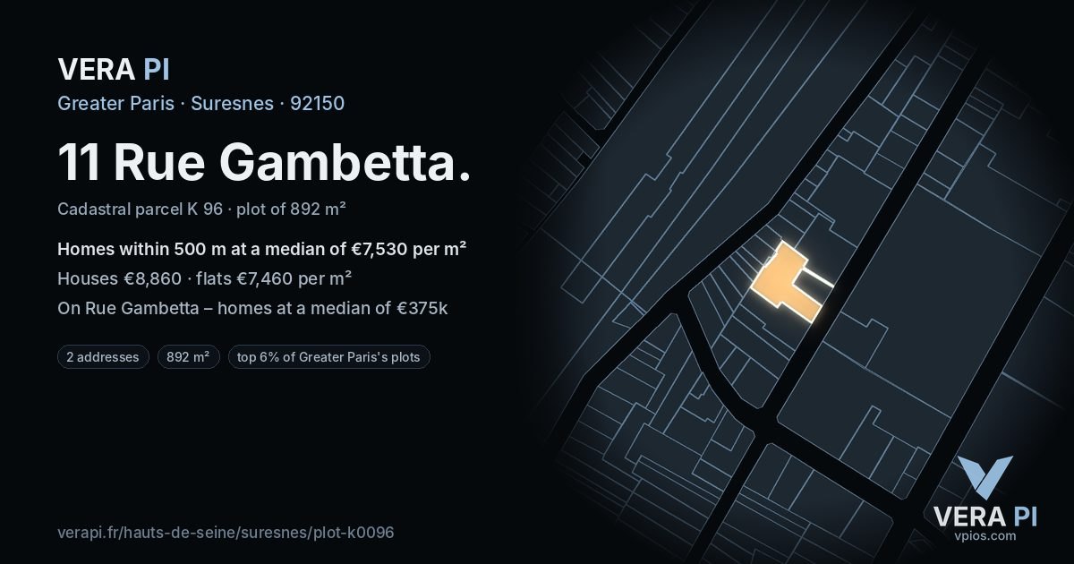 11 Rue Gambetta, Suresnes at night – the plot lit, the parcels around coloured by the prices near them