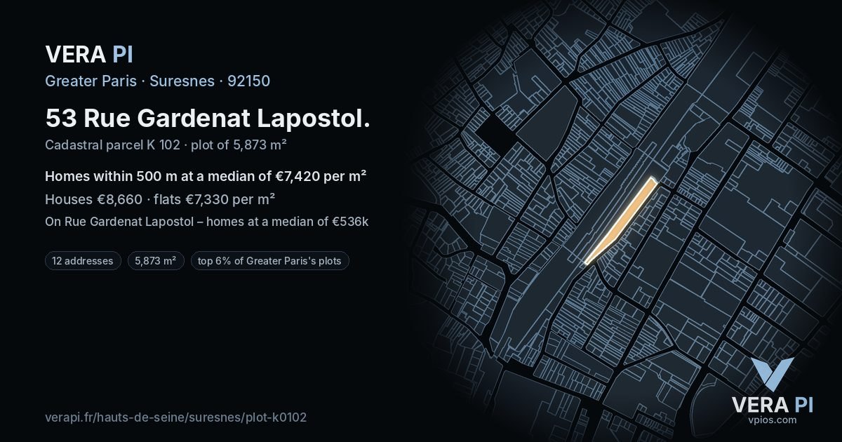 53 Rue Gardenat Lapostol, Suresnes at night – the plot lit, the parcels around coloured by the prices near them
