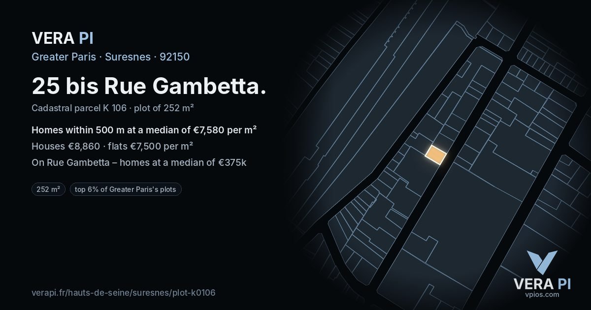 25 bis Rue Gambetta, Suresnes at night – the plot lit, the parcels around coloured by the prices near them