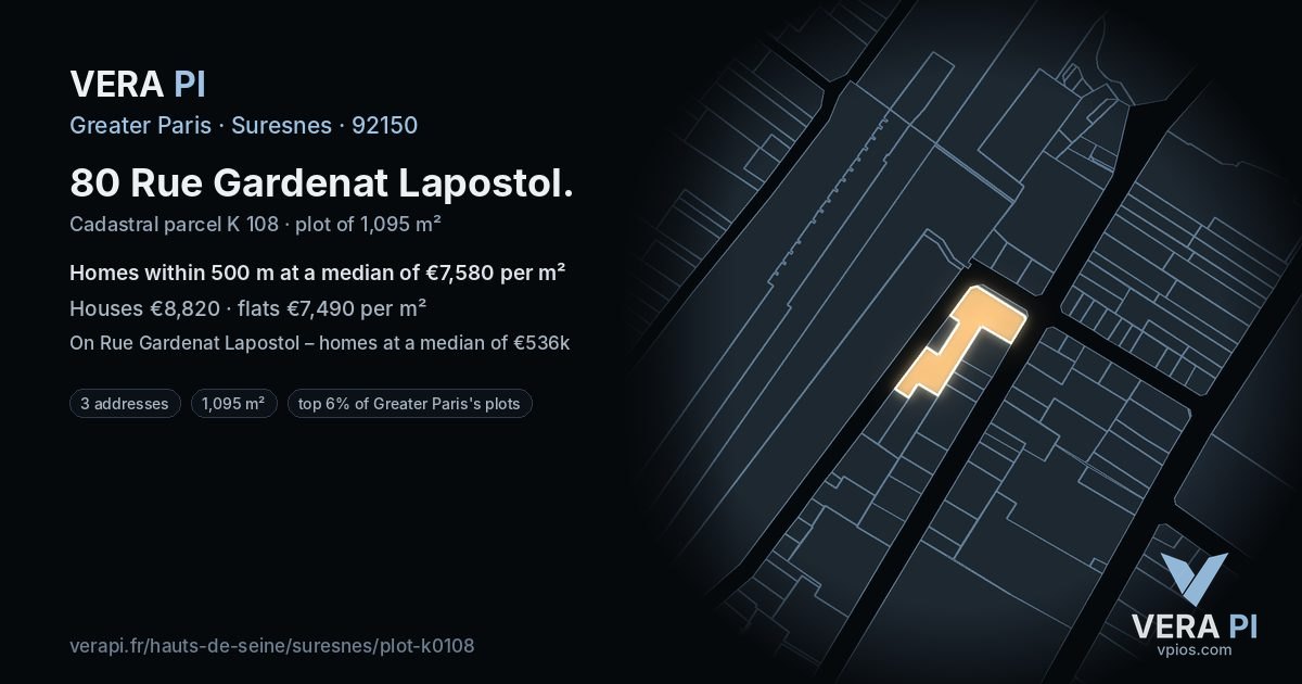 80 Rue Gardenat Lapostol, Suresnes at night – the plot lit, the parcels around coloured by the prices near them