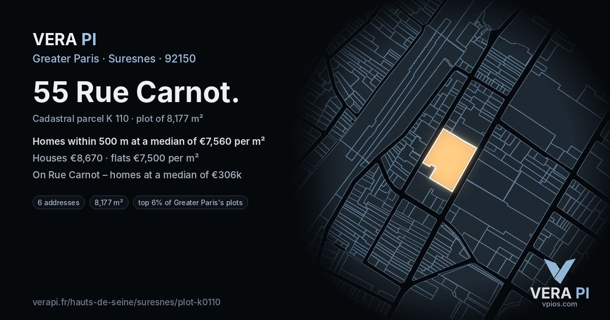 55 Rue Carnot, Suresnes at night – the plot lit, the parcels around coloured by the prices near them