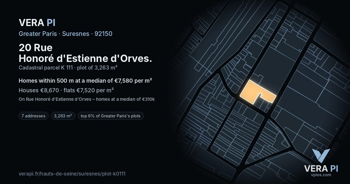 20 Rue Honoré d'Estienne d'Orves, Suresnes at night – the plot lit, the parcels around coloured by the prices near them