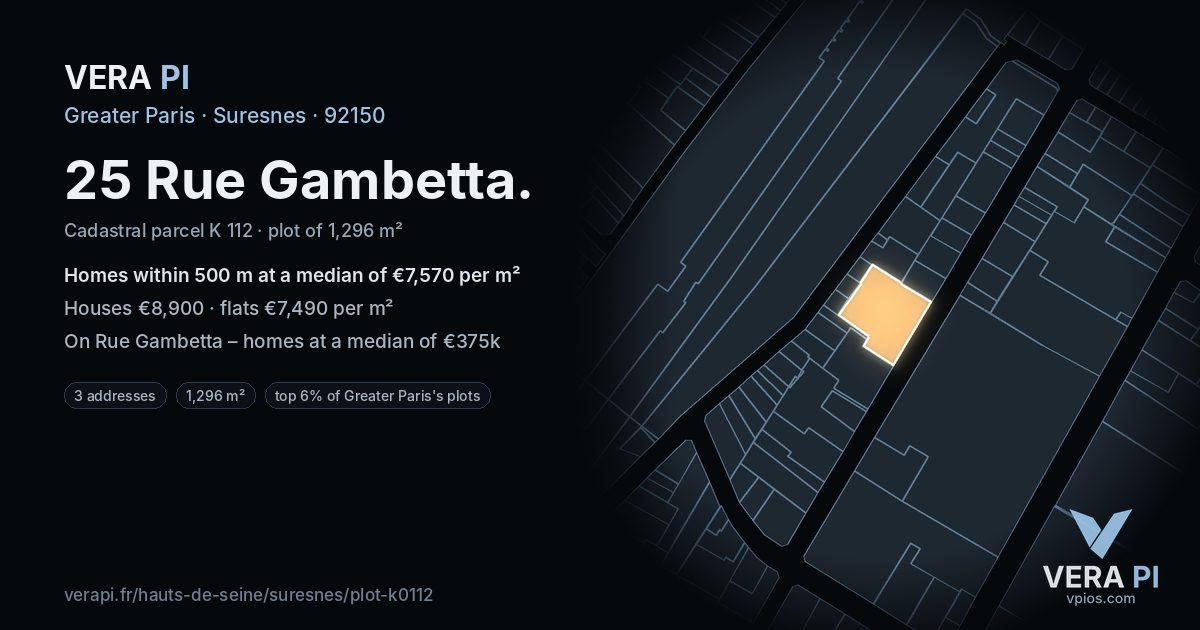 25 Rue Gambetta, Suresnes at night – the plot lit, the parcels around coloured by the prices near them