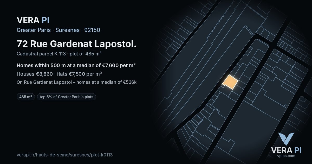 72 Rue Gardenat Lapostol, Suresnes at night – the plot lit, the parcels around coloured by the prices near them