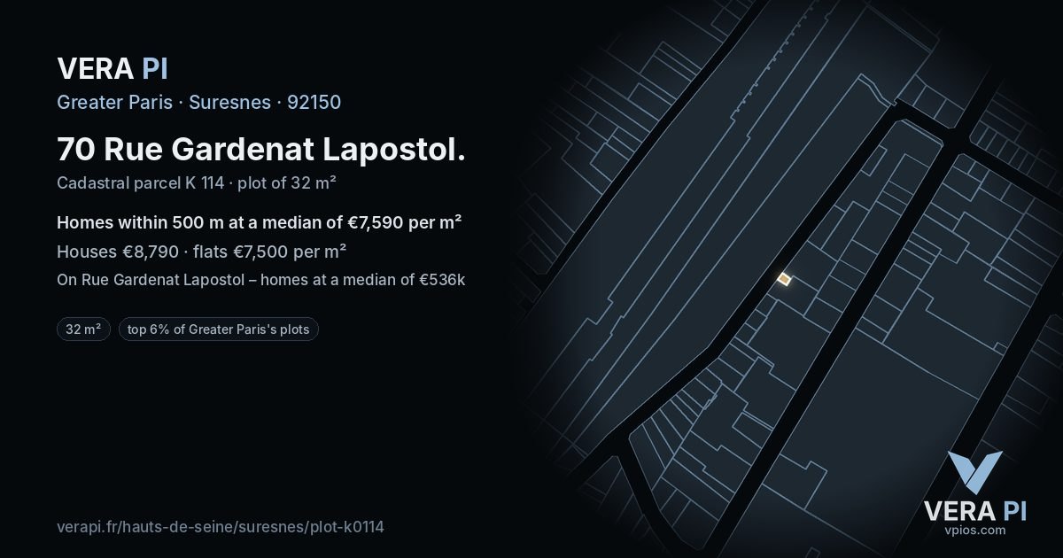 70 Rue Gardenat Lapostol, Suresnes at night – the plot lit, the parcels around coloured by the prices near them