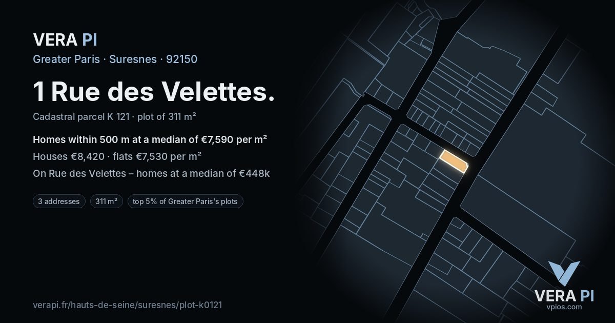 1 Rue des Velettes, Suresnes at night – the plot lit, the parcels around coloured by the prices near them