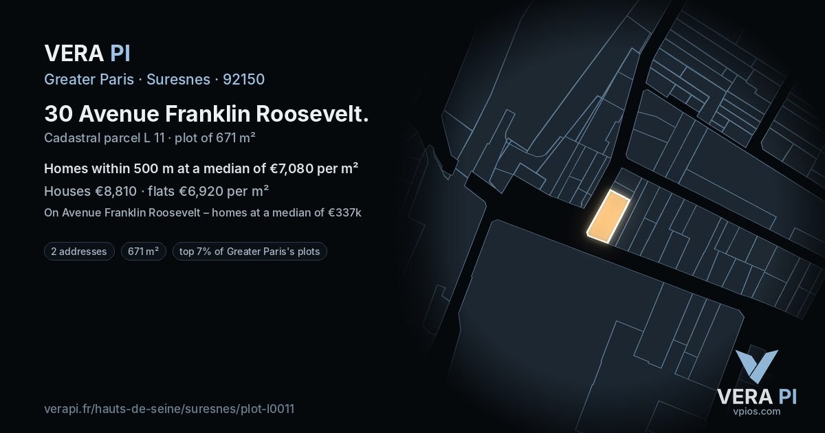 30 Avenue Franklin Roosevelt, Suresnes at night – the plot lit, the parcels around coloured by the prices near them