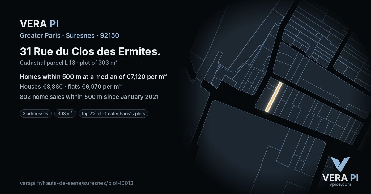 31 Rue du Clos des Ermites, Suresnes at night – the plot lit, the parcels around coloured by the prices near them