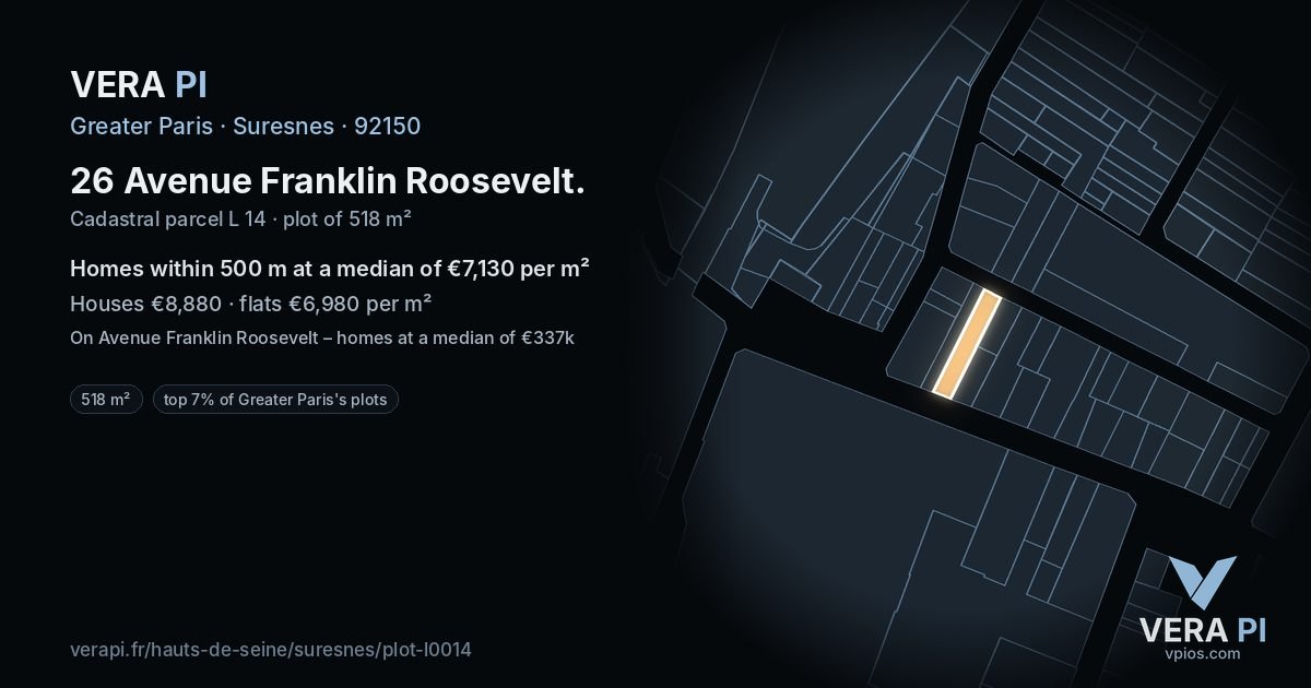 26 Avenue Franklin Roosevelt, Suresnes at night – the plot lit, the parcels around coloured by the prices near them