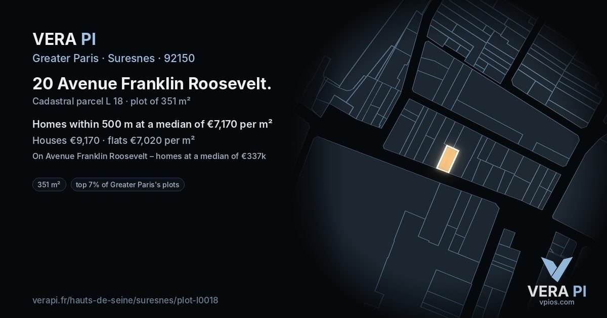 20 Avenue Franklin Roosevelt, Suresnes at night – the plot lit, the parcels around coloured by the prices near them