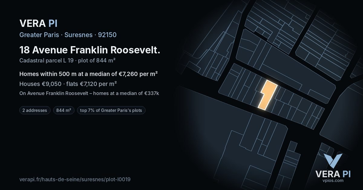 18 Avenue Franklin Roosevelt, Suresnes at night – the plot lit, the parcels around coloured by the prices near them