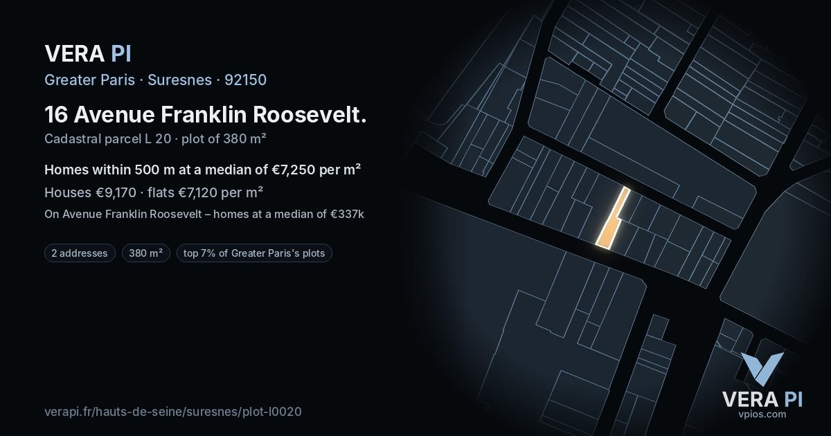 16 Avenue Franklin Roosevelt, Suresnes at night – the plot lit, the parcels around coloured by the prices near them