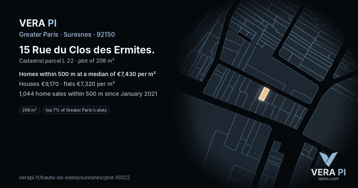 15 Rue du Clos des Ermites, Suresnes at night – the plot lit, the parcels around coloured by the prices near them