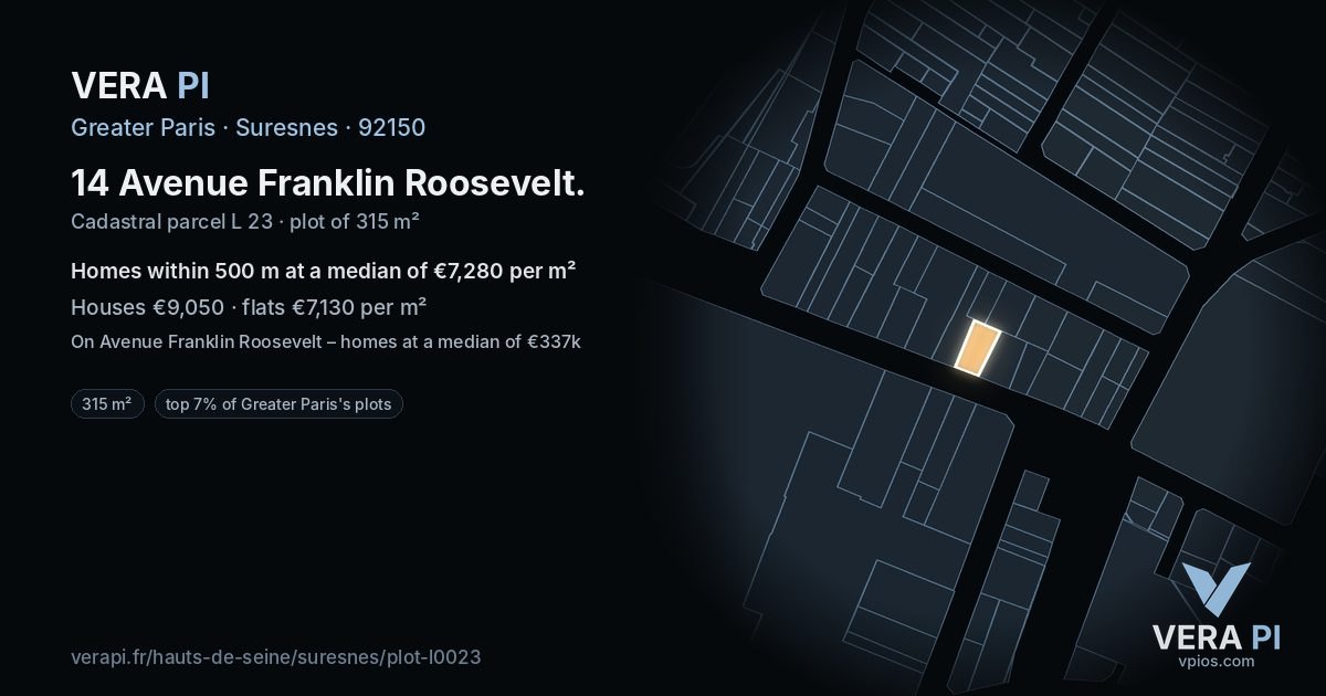 14 Avenue Franklin Roosevelt, Suresnes at night – the plot lit, the parcels around coloured by the prices near them