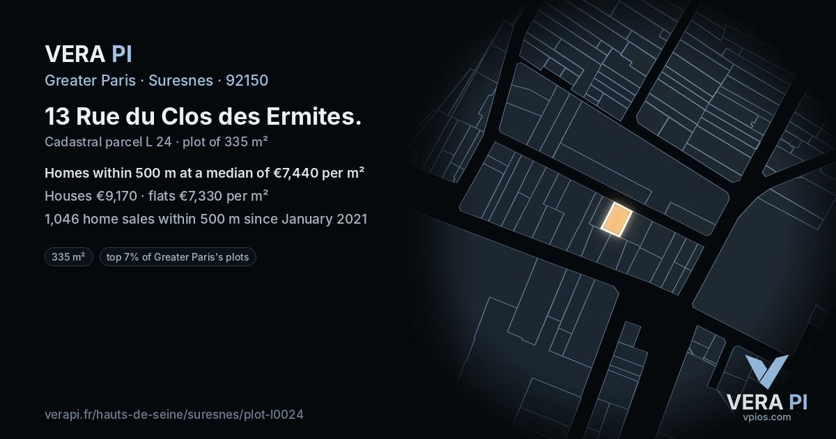 13 Rue du Clos des Ermites, Suresnes at night – the plot lit, the parcels around coloured by the prices near them