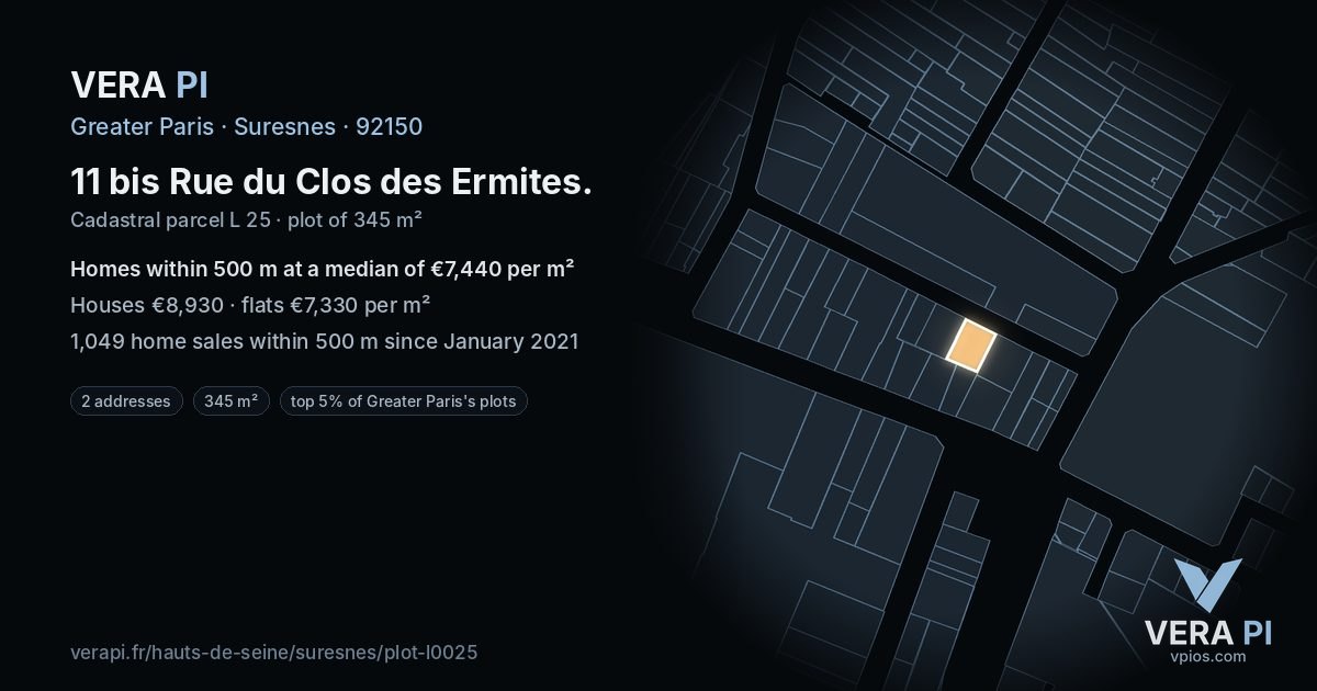 11 bis Rue du Clos des Ermites, Suresnes at night – the plot lit, the parcels around coloured by the prices near them
