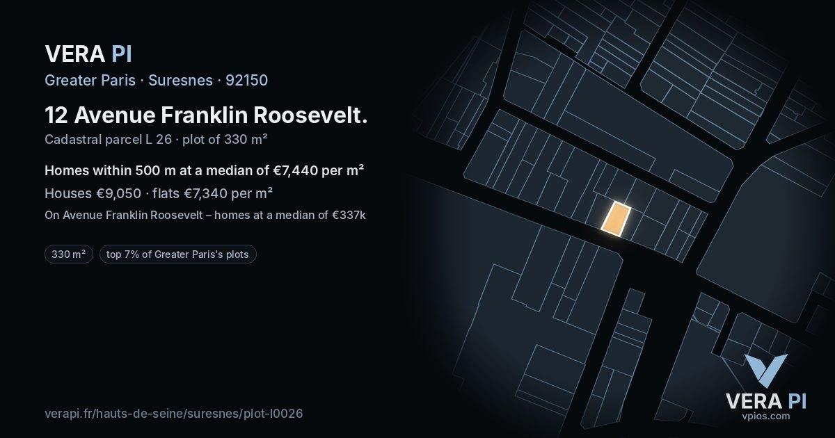 12 Avenue Franklin Roosevelt, Suresnes at night – the plot lit, the parcels around coloured by the prices near them