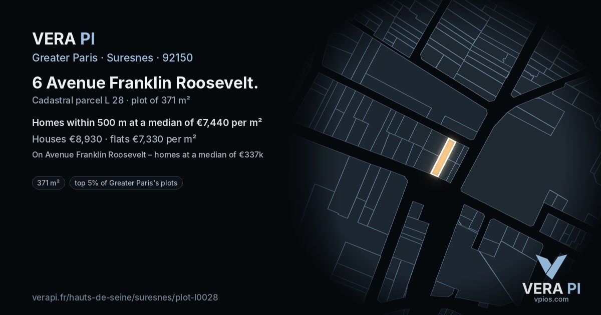 6 Avenue Franklin Roosevelt, Suresnes at night – the plot lit, the parcels around coloured by the prices near them