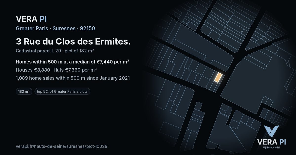 3 Rue du Clos des Ermites, Suresnes at night – the plot lit, the parcels around coloured by the prices near them