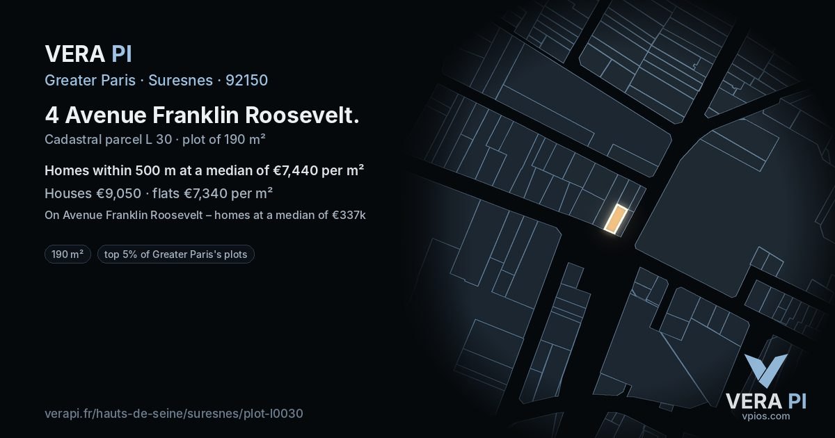 4 Avenue Franklin Roosevelt, Suresnes at night – the plot lit, the parcels around coloured by the prices near them