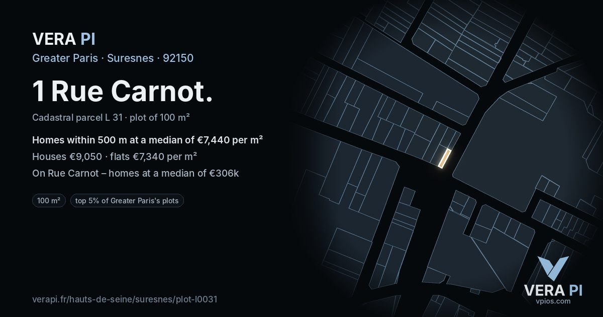 1 Rue Carnot, Suresnes at night – the plot lit, the parcels around coloured by the prices near them