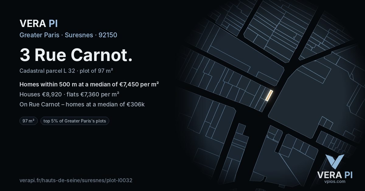 3 Rue Carnot, Suresnes at night – the plot lit, the parcels around coloured by the prices near them
