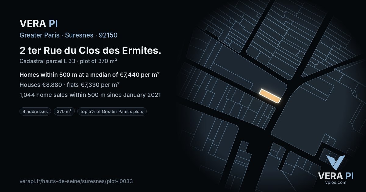 2 ter Rue du Clos des Ermites, Suresnes at night – the plot lit, the parcels around coloured by the prices near them