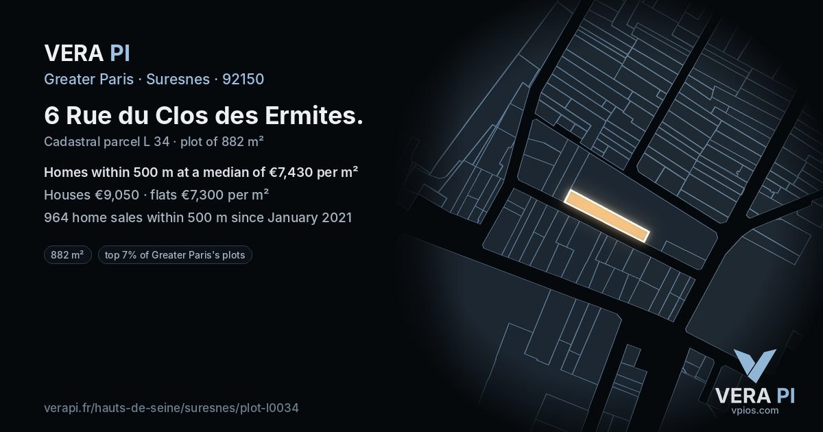 6 Rue du Clos des Ermites, Suresnes at night – the plot lit, the parcels around coloured by the prices near them