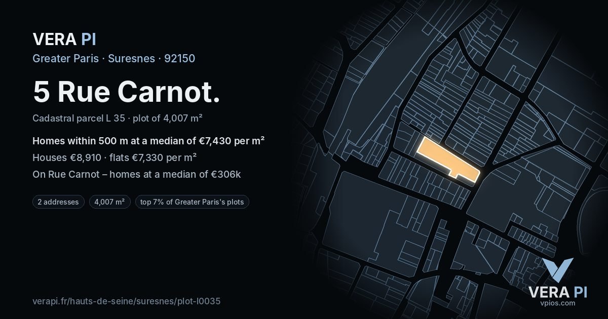 5 Rue Carnot, Suresnes at night – the plot lit, the parcels around coloured by the prices near them