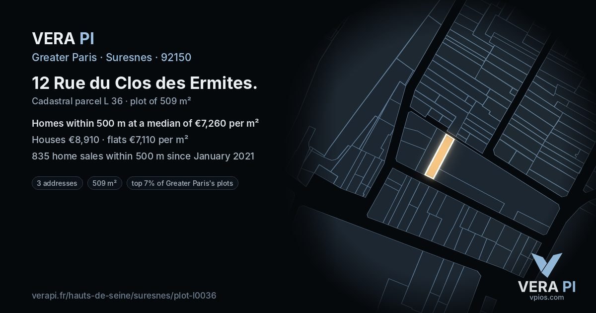 12 Rue du Clos des Ermites, Suresnes at night – the plot lit, the parcels around coloured by the prices near them
