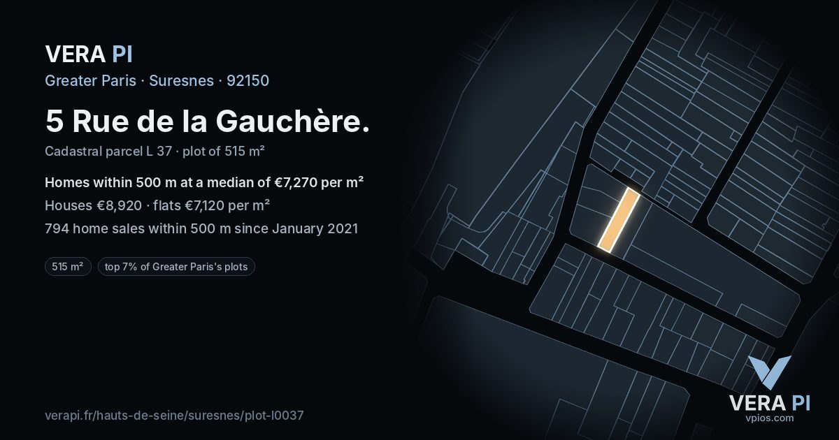 5 Rue de la Gauchère, Suresnes at night – the plot lit, the parcels around coloured by the prices near them