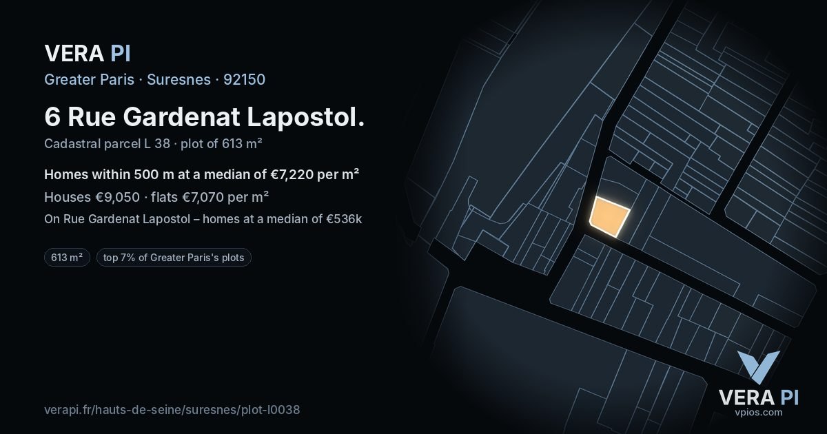 6 Rue Gardenat Lapostol, Suresnes at night – the plot lit, the parcels around coloured by the prices near them