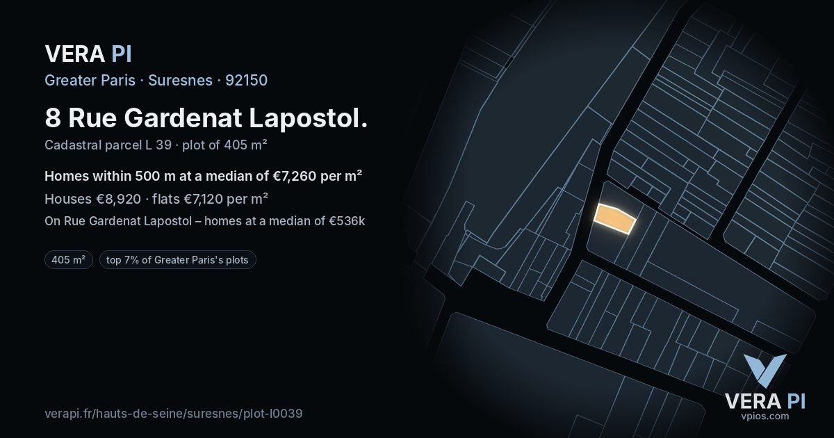 8 Rue Gardenat Lapostol, Suresnes at night – the plot lit, the parcels around coloured by the prices near them