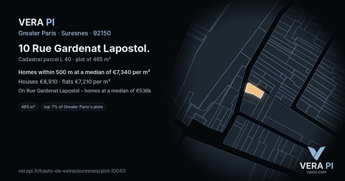 10 Rue Gardenat Lapostol, Suresnes at night – the plot lit, the parcels around coloured by the prices near them