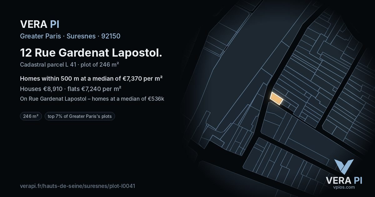 12 Rue Gardenat Lapostol, Suresnes at night – the plot lit, the parcels around coloured by the prices near them